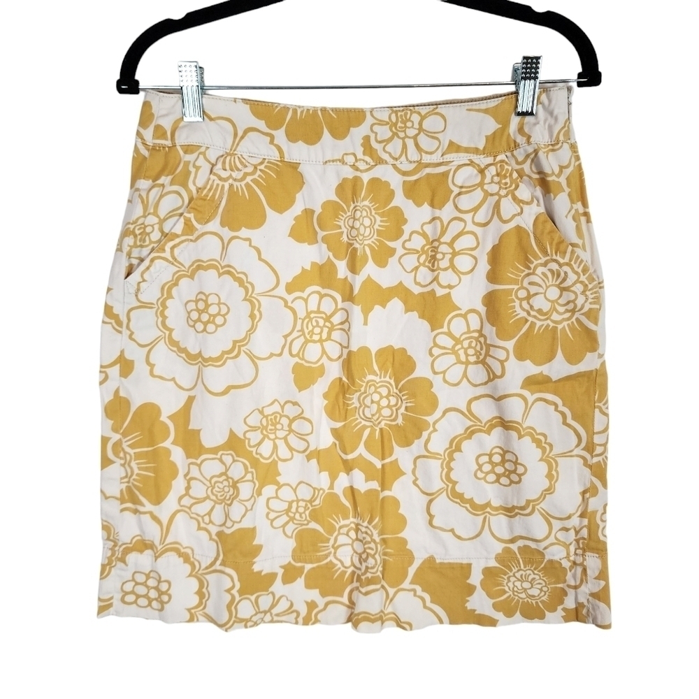 Boden A-line Mini Pencil Skirt Retro Mustard Yellow Flower Print Boho 70's Style